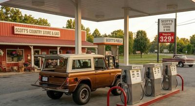 A vintage SUV refuels at Scott's Country Store &amp; Gas station.