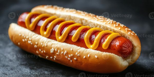 Hot dog with mustard in a sesame seed bun.