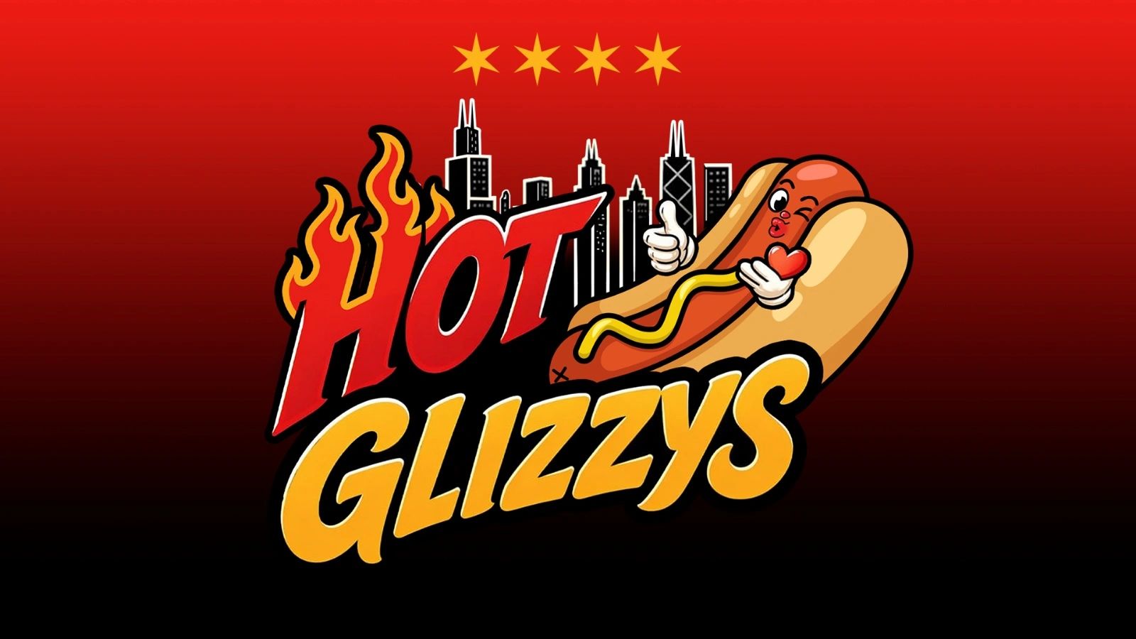 Cartoon hot dog with flame text and city skyline background.
