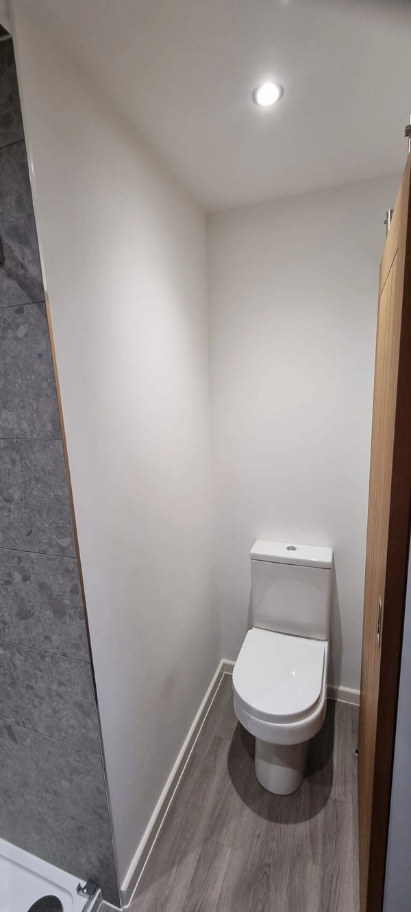 Compact modern bathroom with toilet and wooden door.
