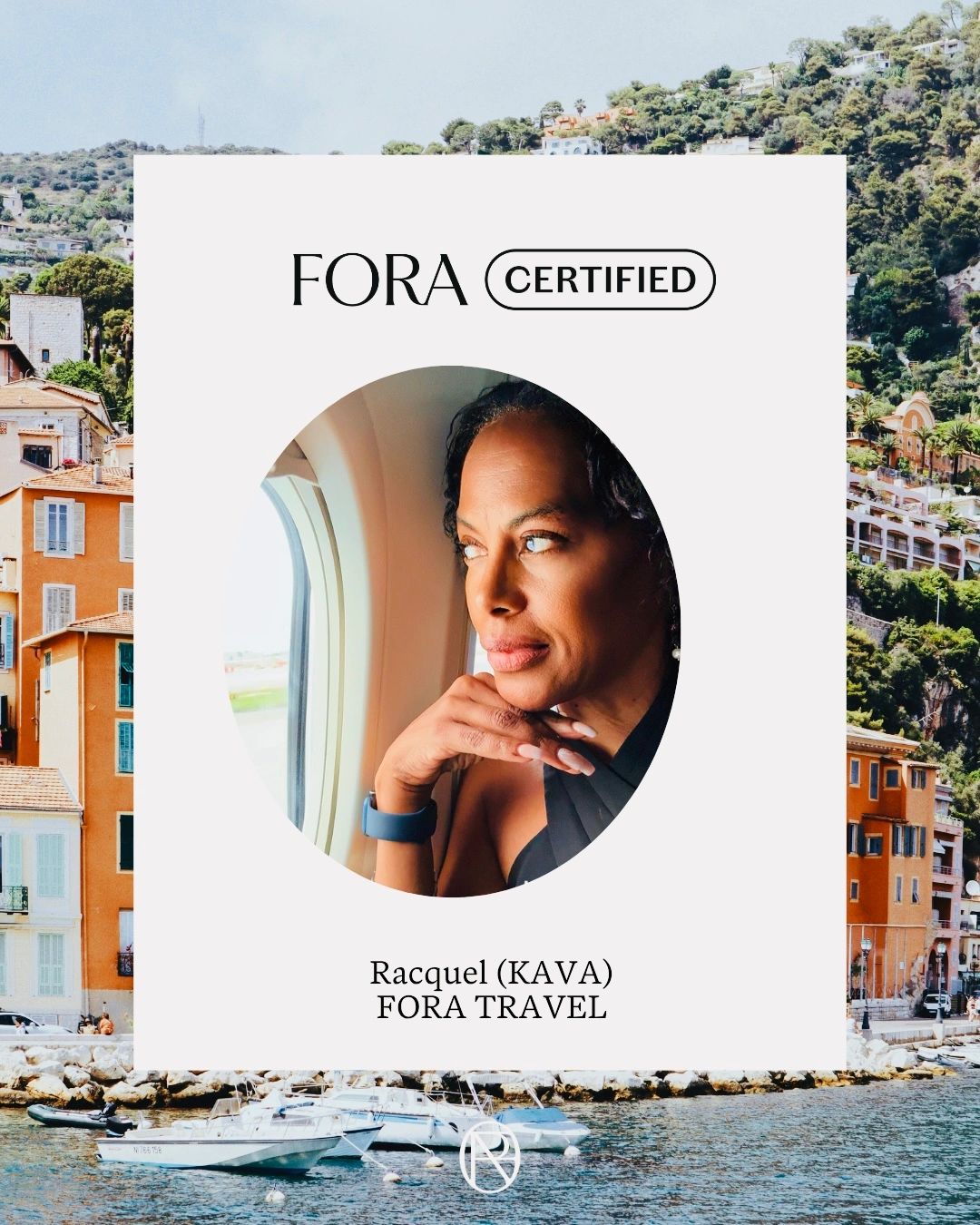 Racquel from FORA Travel certified, looking out airplane window.