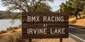 Wooden sign announcing BMX racing at Irvine Lake.