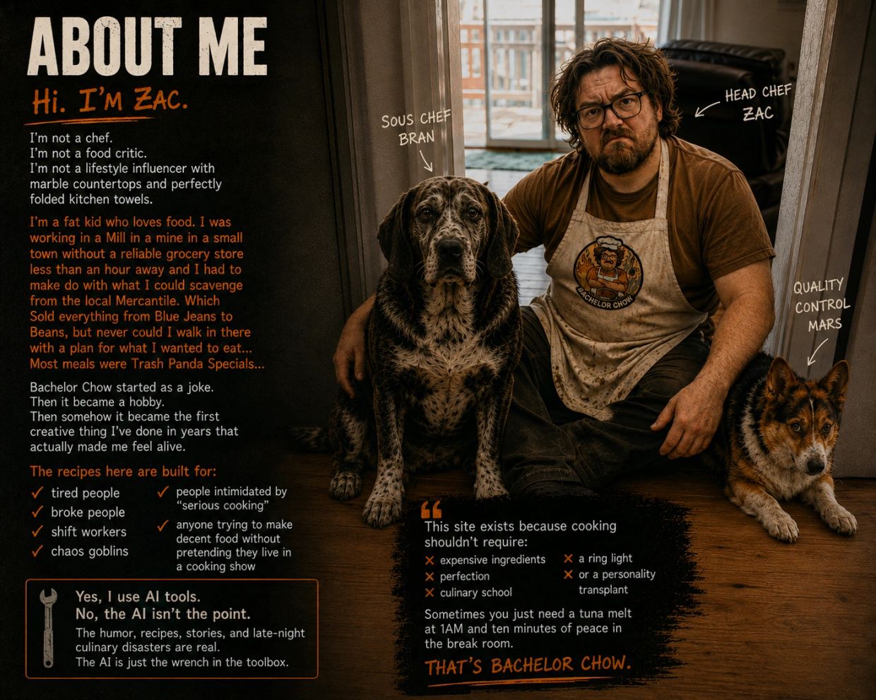 Man named Zac with two dogs, sharing his story about creating easy recipes for tired and broke people.