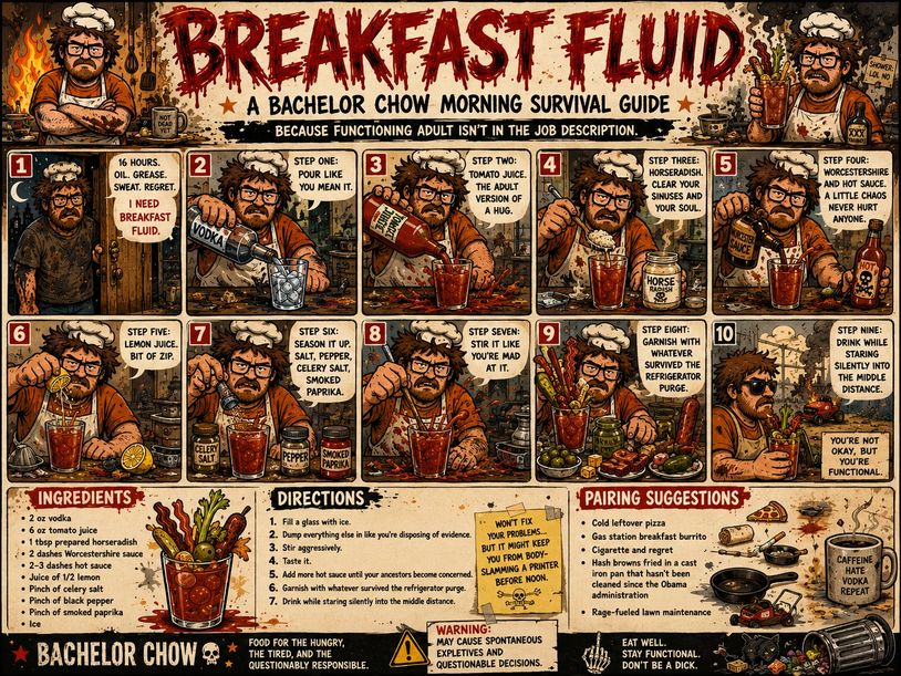 Comic-style guide for making a spicy breakfast cocktail called Breakfast Fluid.
