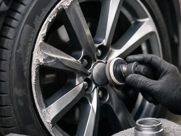 Person repairing a scratched car wheel rim.