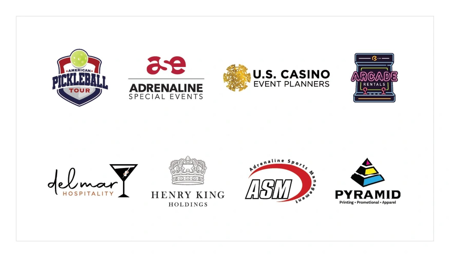 A collection of eight diverse company logos arranged in two rows on a white background.