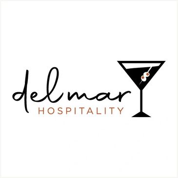 Logo for Del Mar Hospitality featuring a martini glass with olives.