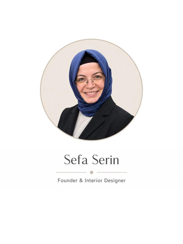 Portrait of Sefa Serin, founder and interior designer, wearing a blue hijab and glasses.