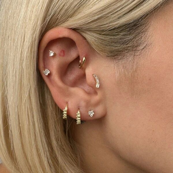 Tragus, helix, ve klasik kulak memesinde piercinglerin bulunduğu bir kulak.