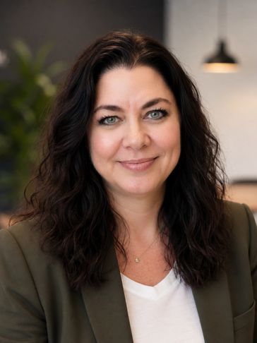 Smiling woman with dark curly hair in professional attire.