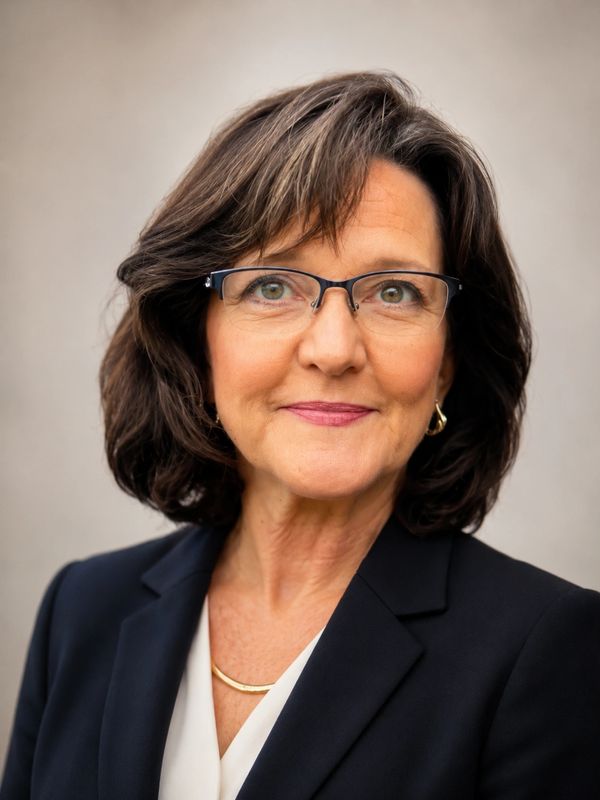 Professional middle-aged woman with glasses in business attire.