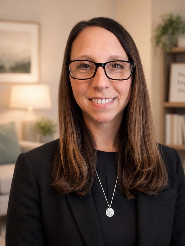 Professional woman with glasses and long brown hair smiling in an office setting.