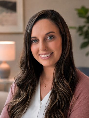 Smiling woman with long brown hair in a cozy indoor setting.