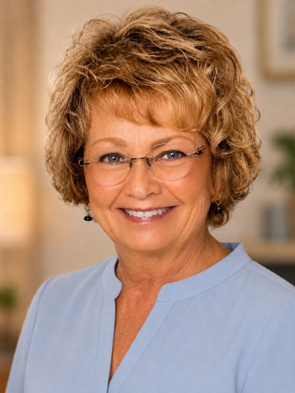 Smiling woman with curly hair and glasses in a light blue top.