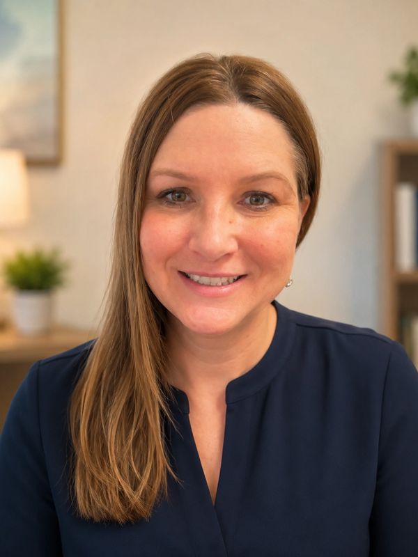 Smiling woman with long hair and navy shirt in a cozy indoor setting.