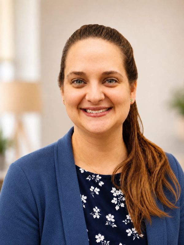 Smiling woman with a ponytail wearing a blue blazer and floral blouse.