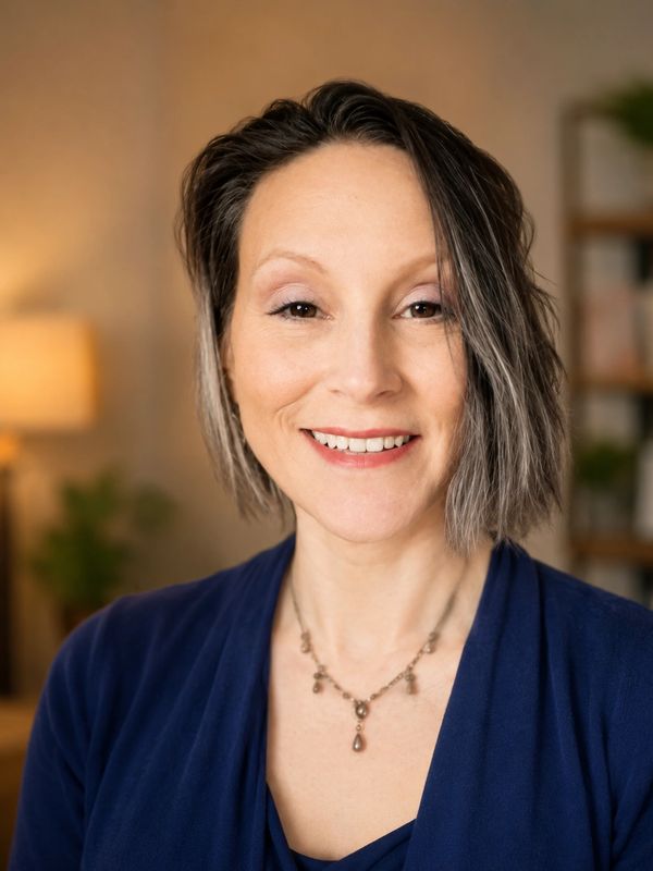 Smiling woman with short hair wearing a navy blue top and necklace.