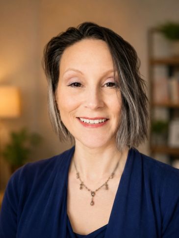 Smiling woman with short hair and necklace in cozy indoor setting.
