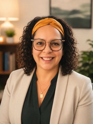 Smiling woman wearing glasses and a mustard headband in a professional setting.