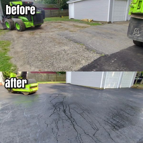 unfinished driveway before and after asphalt installation