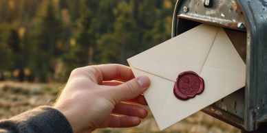 Hand placing a sealed envelope in mailbox.