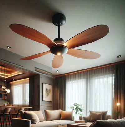 A picture of a modern day living room with a wooden ceiling fan.