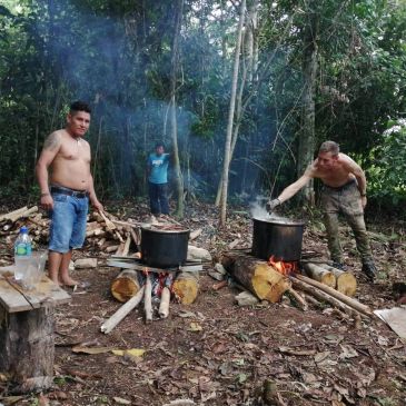 Personas cocinando en fogatas al aire libre en un bosque.