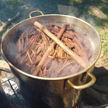Trozos de madera hirviendo en una olla grande.