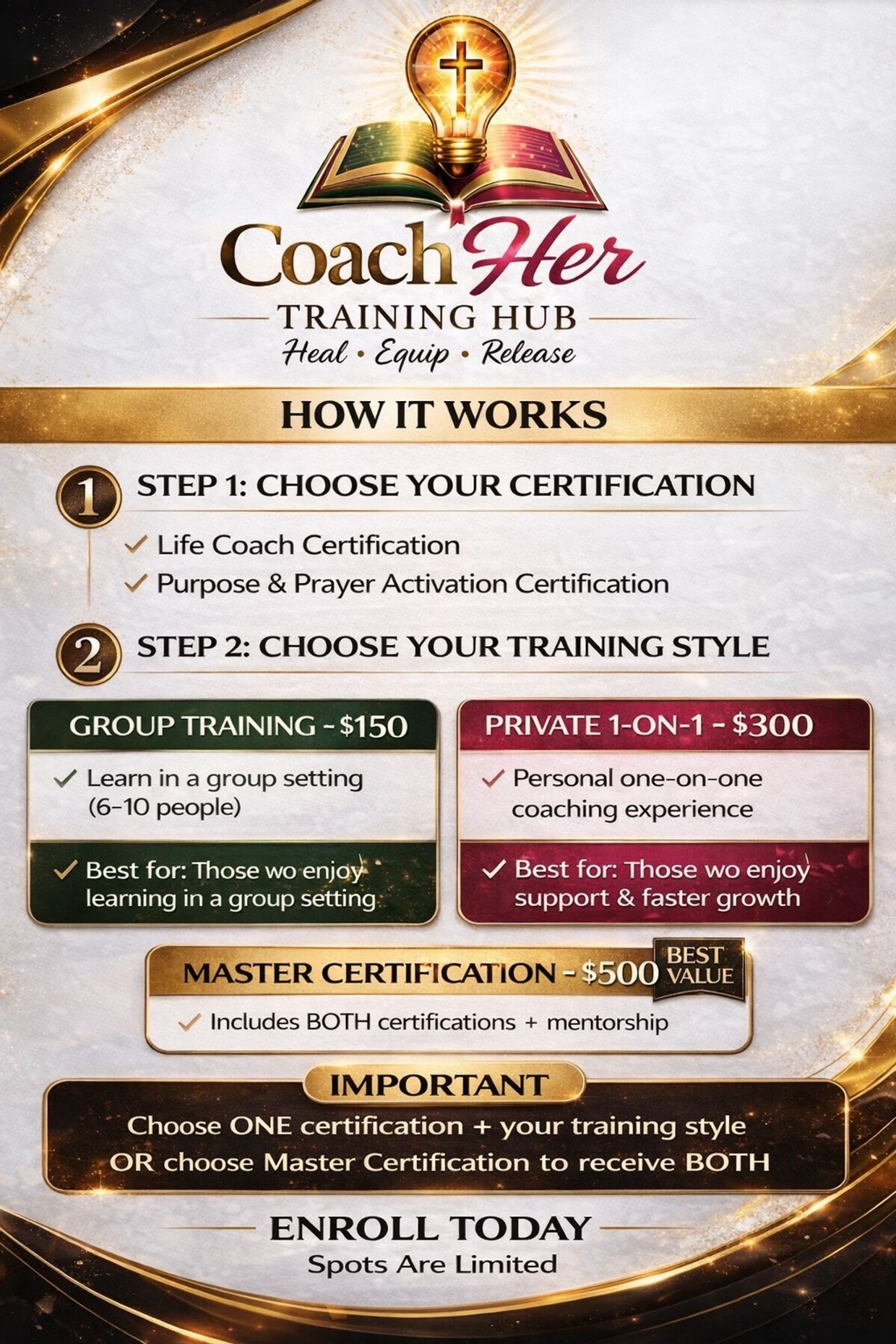 Coach Her Training Hub offers certification and training styles for life coaching and prayer activation.