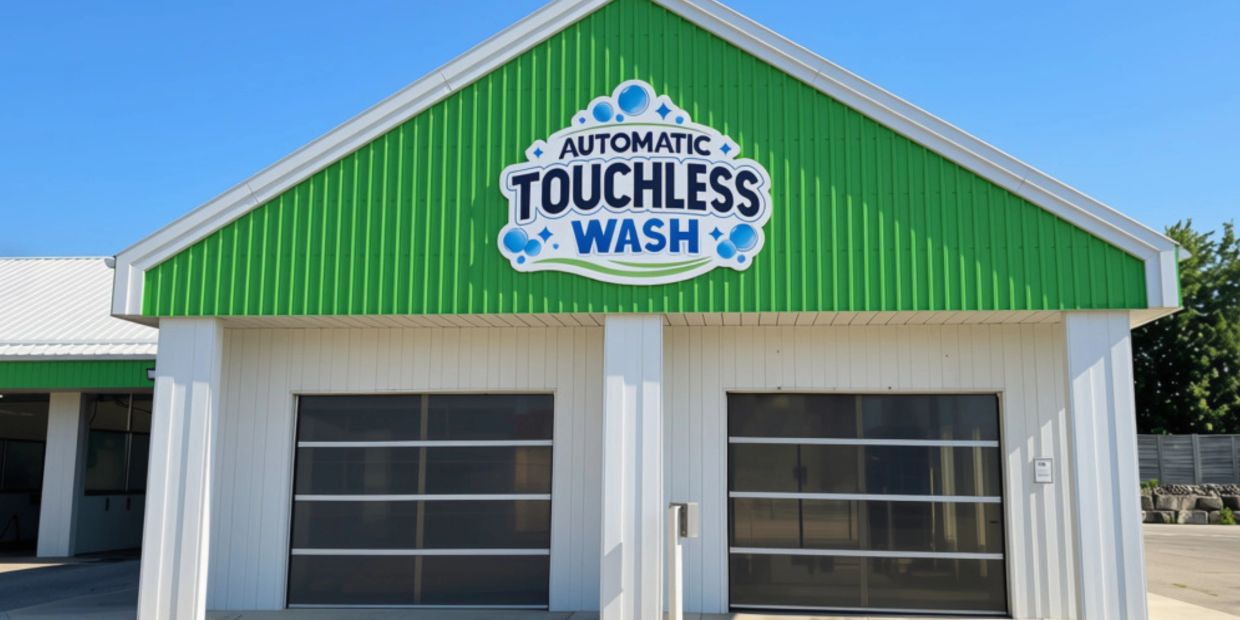 A green and white automatic touchless car wash building.