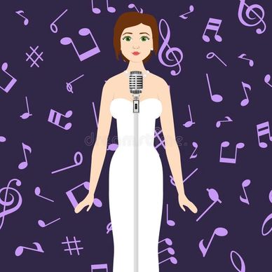 Woman in white dress singing with musical notes background.