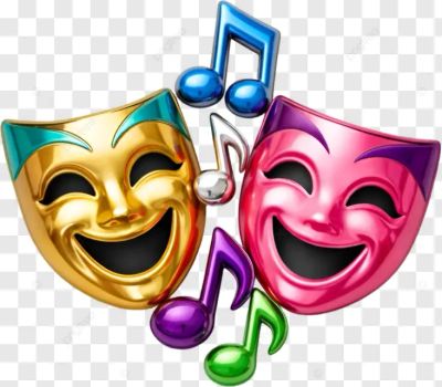 Two colorful comedy masks with musical notes.