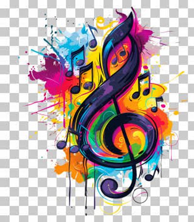 Colorful treble clef with music notes and paint splashes.