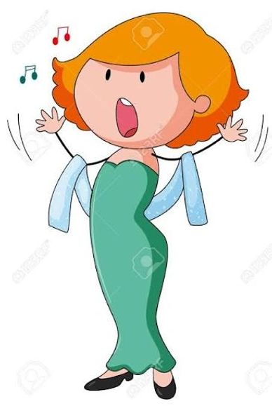 Cartoon woman singing with musical notes.