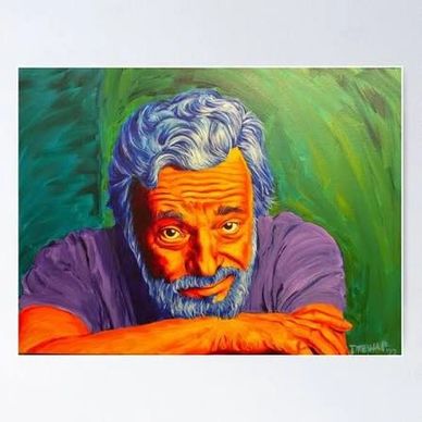 Vibrant painting of a man with blue hair and beard, smiling.