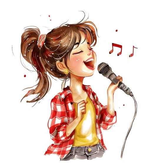 Illustration of a girl joyfully singing into a microphone.