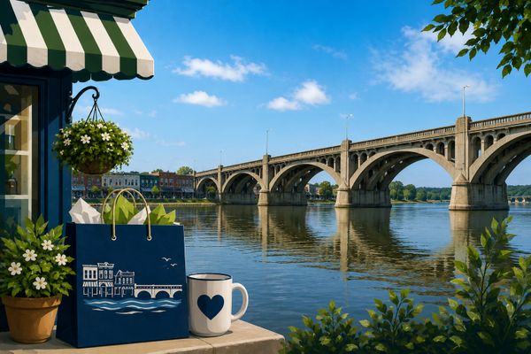 A scenic river view with a bridge, shopping bag, and coffee mug on a sunny day.