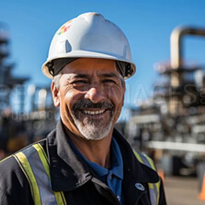 Smiling industrial worker wearing a hard hat.