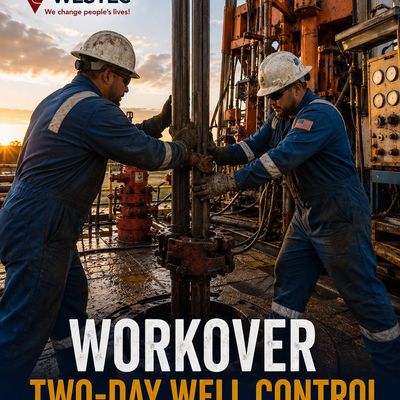 Two workers performing well control on oil rig at sunset.