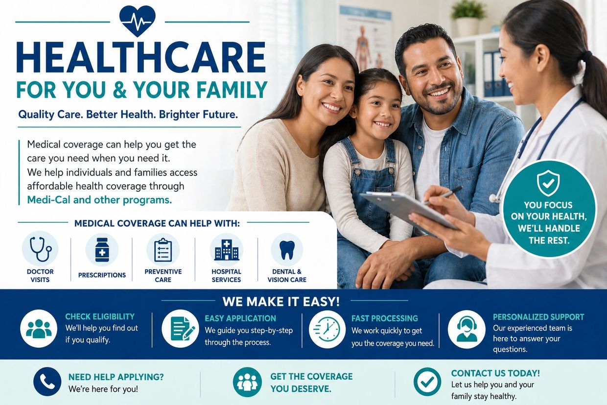Smiling family discussing healthcare options with a doctor in a welcoming clinic.