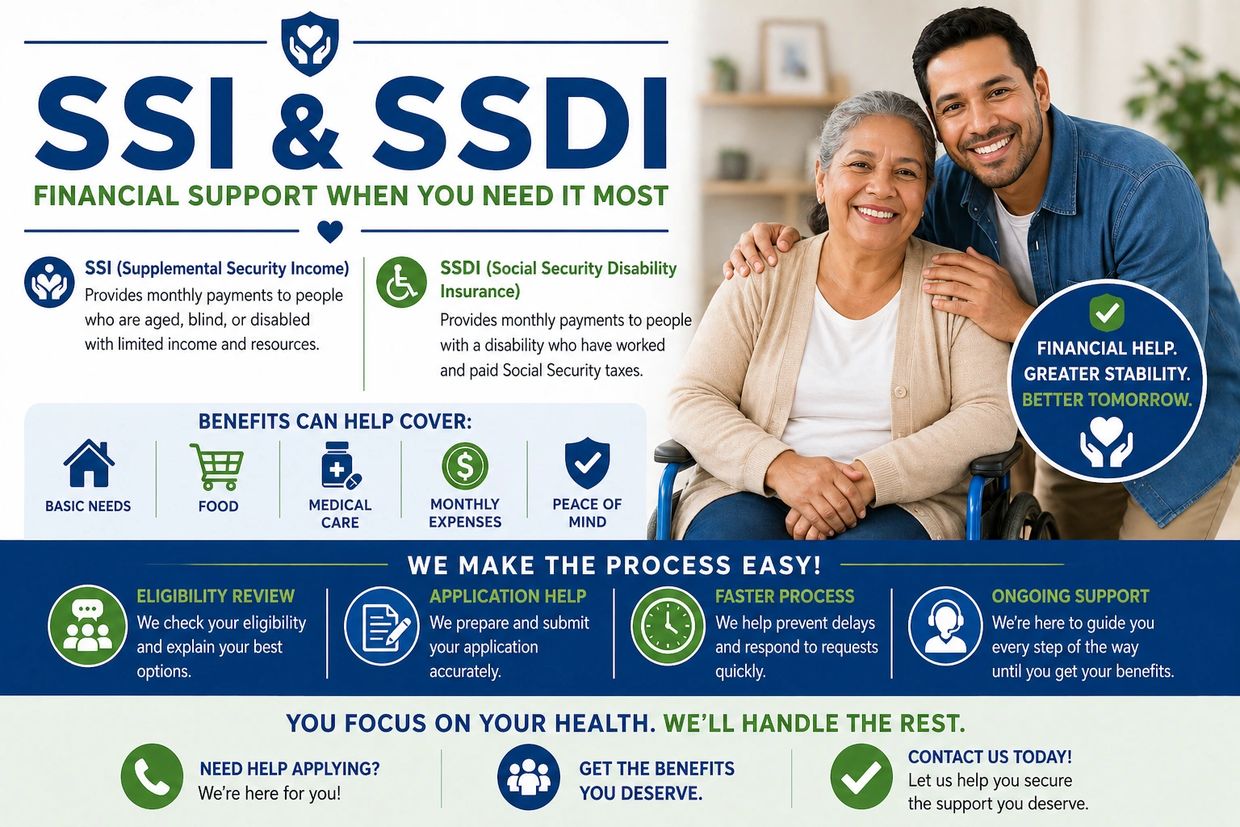 Informative flyer about SSI and SSDI financial support with benefits and application help.