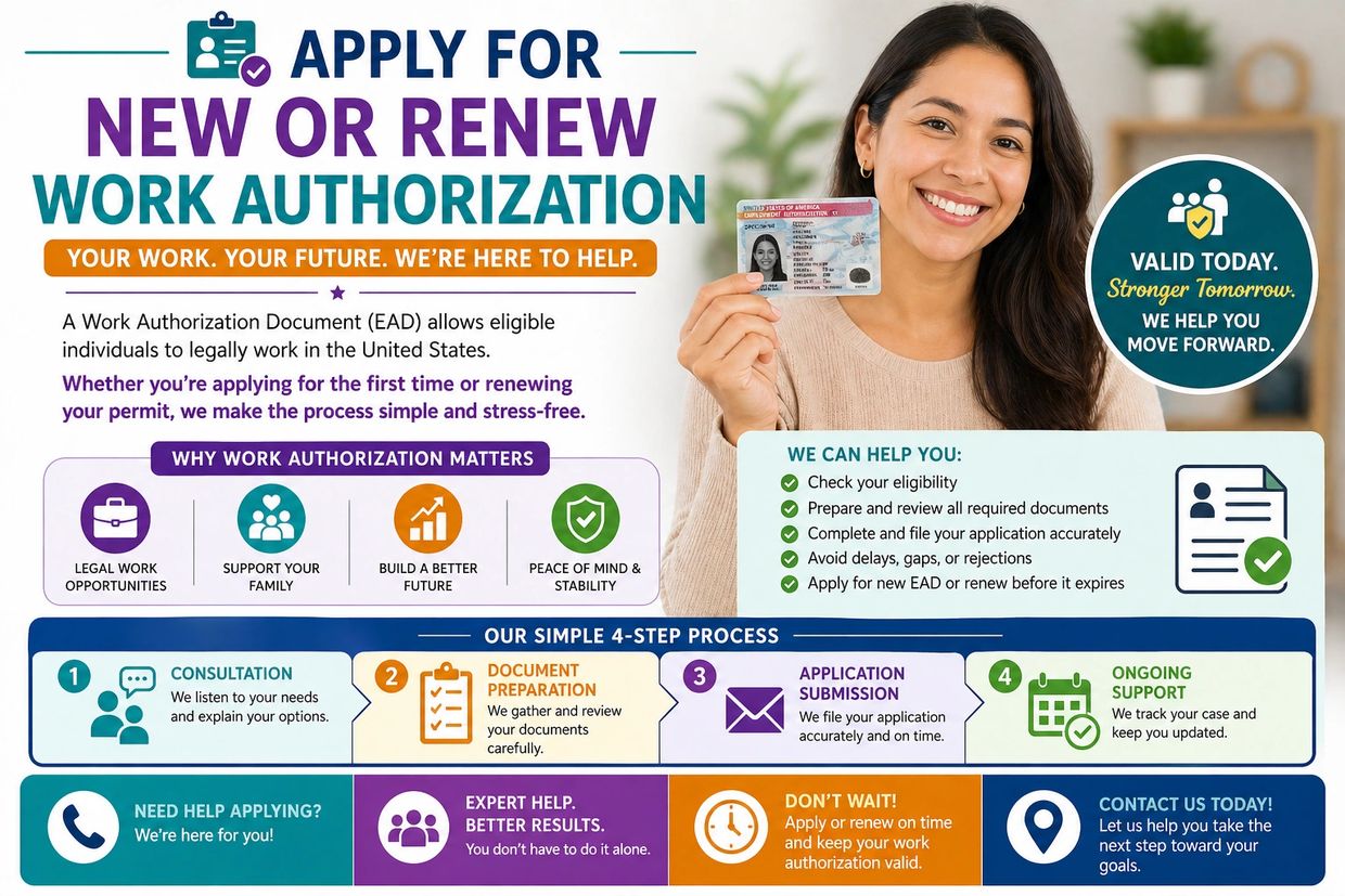 Woman holding a work authorization card with steps to apply or renew in the US.