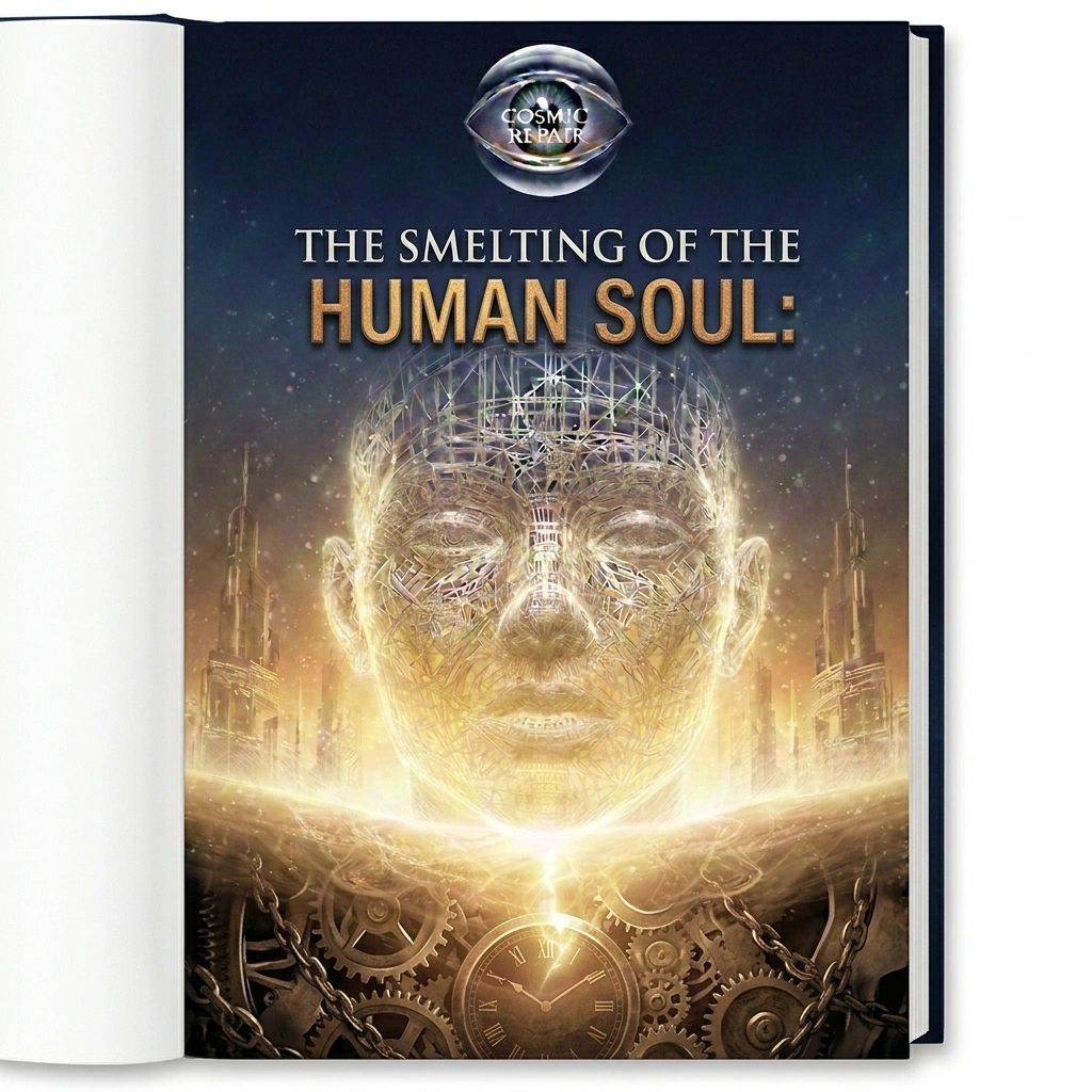 Book cover titled 'The Smelting of the Human Soul' with a glowing mechanical face and gears.