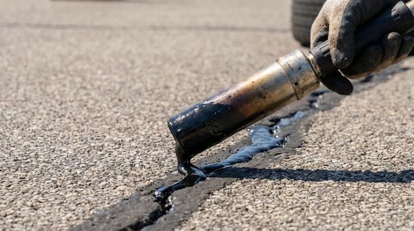 Worker sealing a crack on pavement with a hot torch.