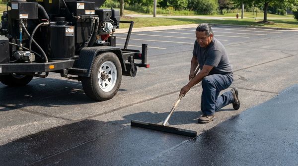 Worker spreads asphalt on a parking lot with a squeegee tool.