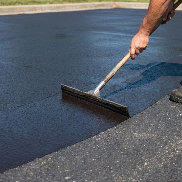Person spreading fresh asphalt on a road with a squeegee tool.