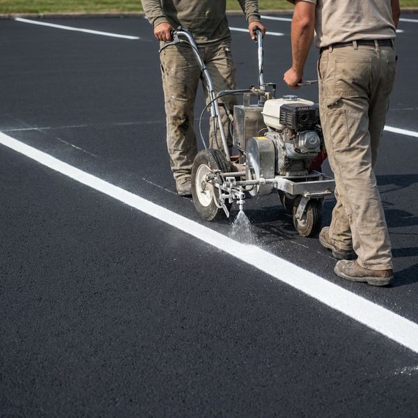Two workers painting white lines on a freshly paved asphalt road.