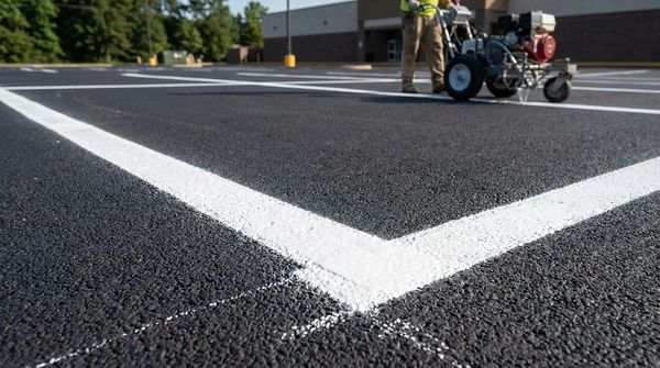 Worker painting white lines on a freshly paved parking lot.