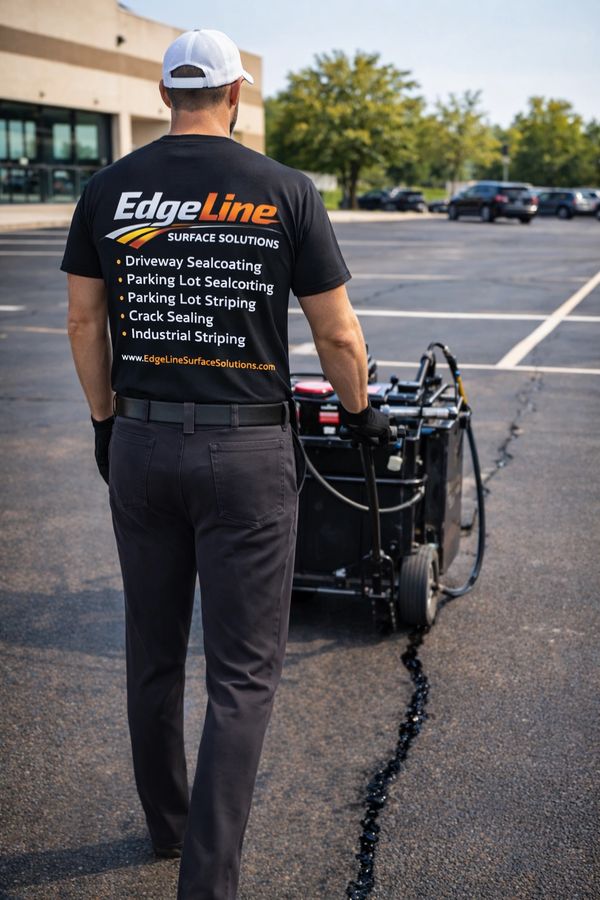 Worker sealing a crack in a parking lot with specialized equipment.