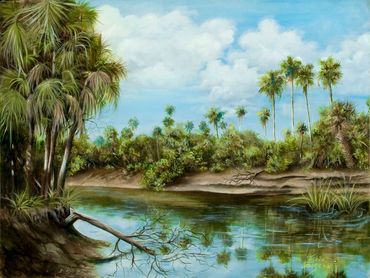 Back areas of the south with a broken tree in the swamp water and sandy banks
